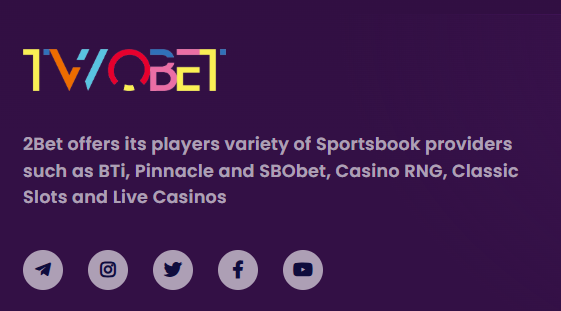 2Bet footer about block with sportsbook description and social media icons
