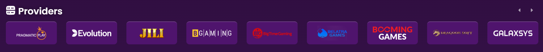 Game providers at 2Bet: Pragmatic Play, Evolution, JILI, BGaming, Big Time Gaming, Belatra, Booming Games, Dragoon Soft, Galaxsys
