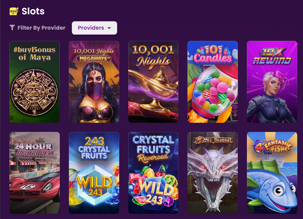 2Bet slots grid with provider filter showing popular slot games